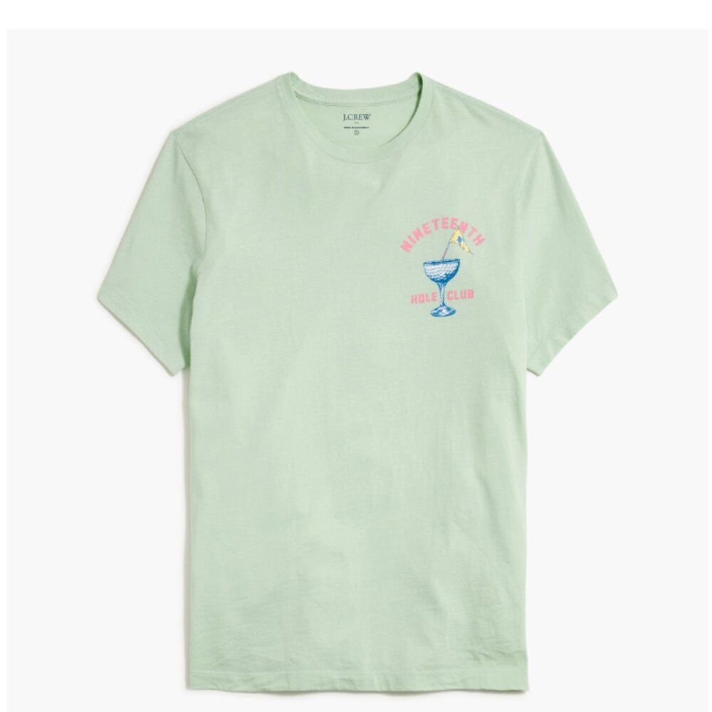 J. Crew bw506 Green Nineteenth Hole Club Graphic Tee For Men NWOT Repaired Lg.